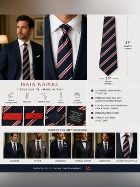 Isaia Napoli 7-Fold Silk Tie Navy Burgundy Pink Ivory Striped Made in Italy 57"